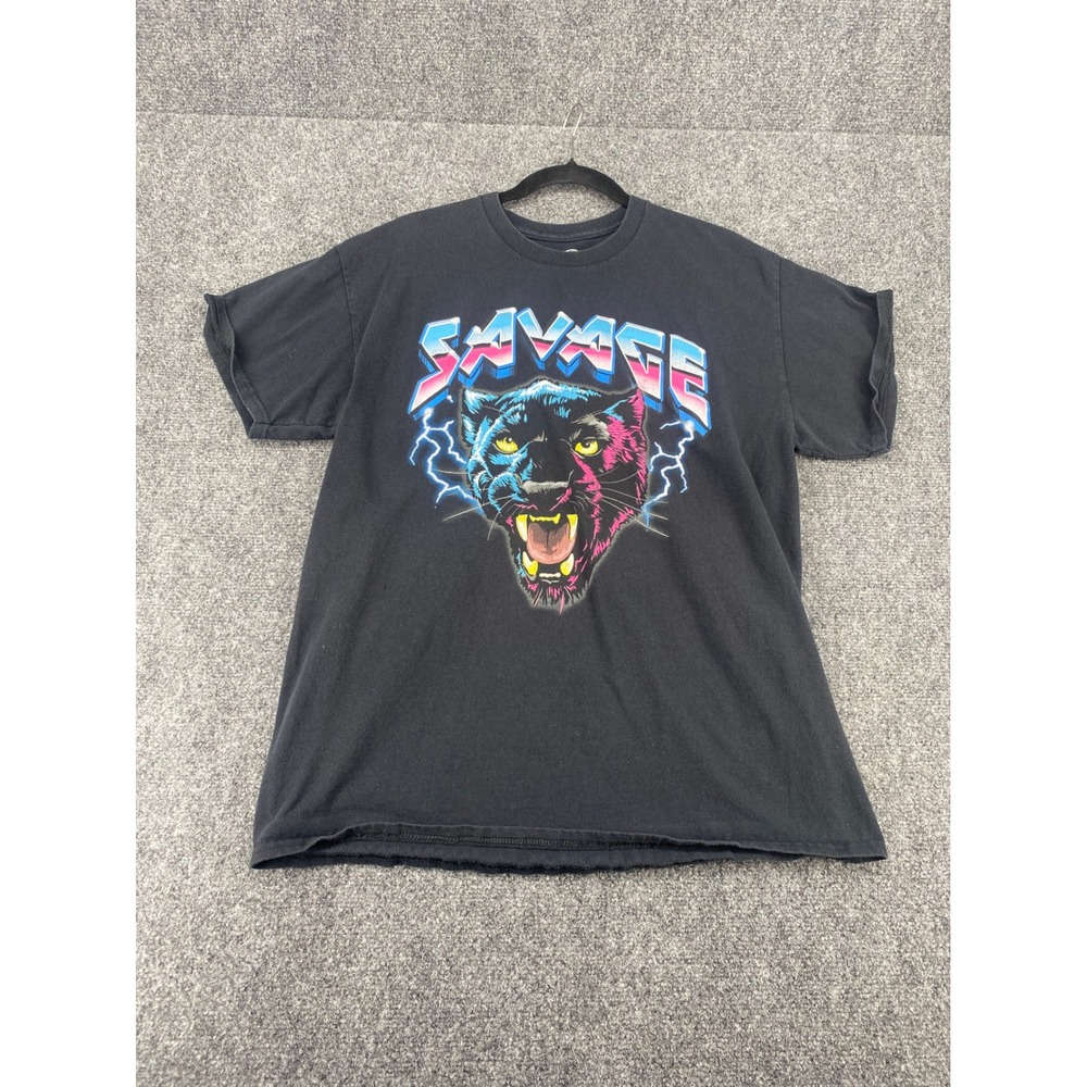 DXM Savage Panther Graphic T-Shirt Mens Large Black Retro 80s Style Cotton Tee